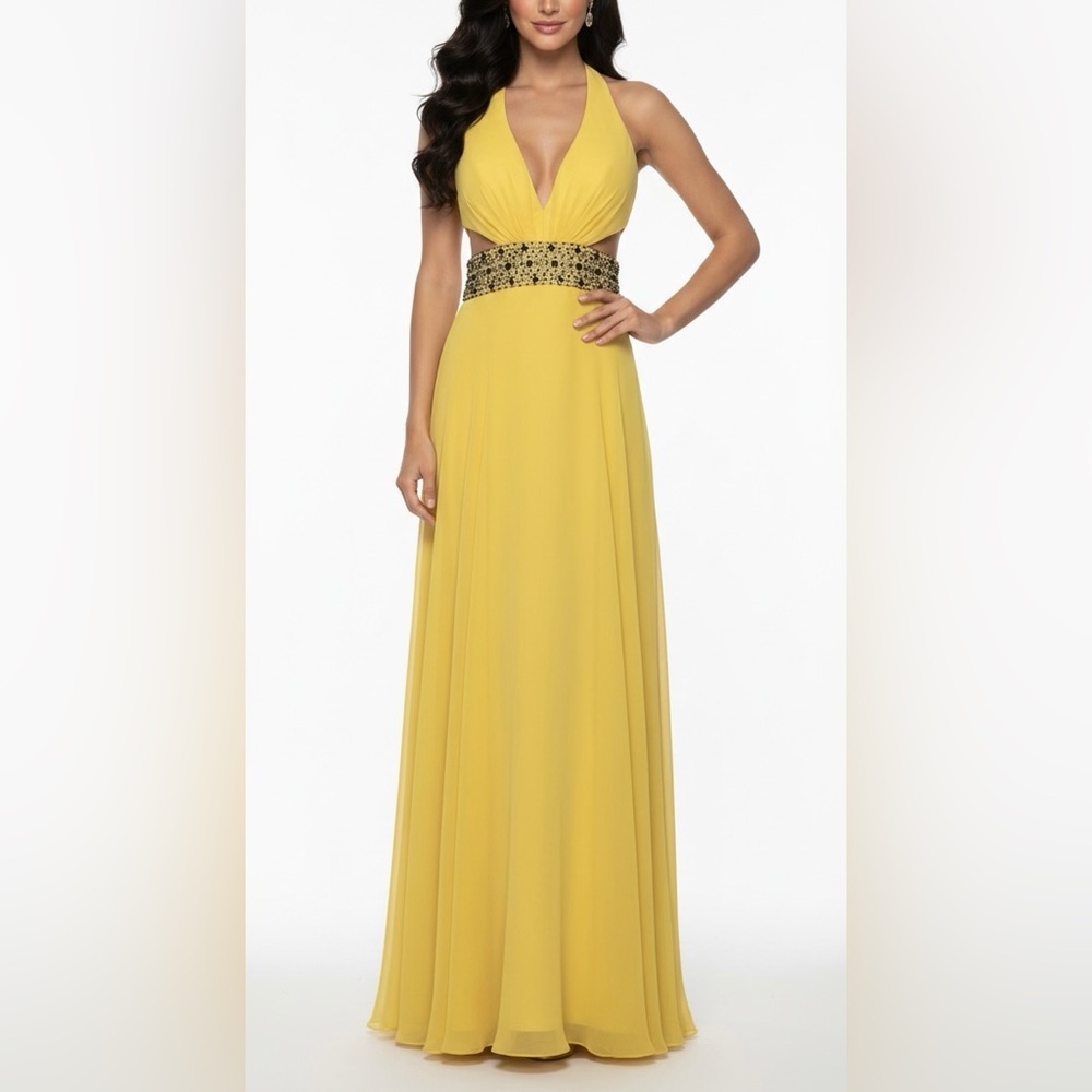 Party Time Yellow Y2K Vintage Formal Prom Dress Beaded Halter Gown Built in Bra